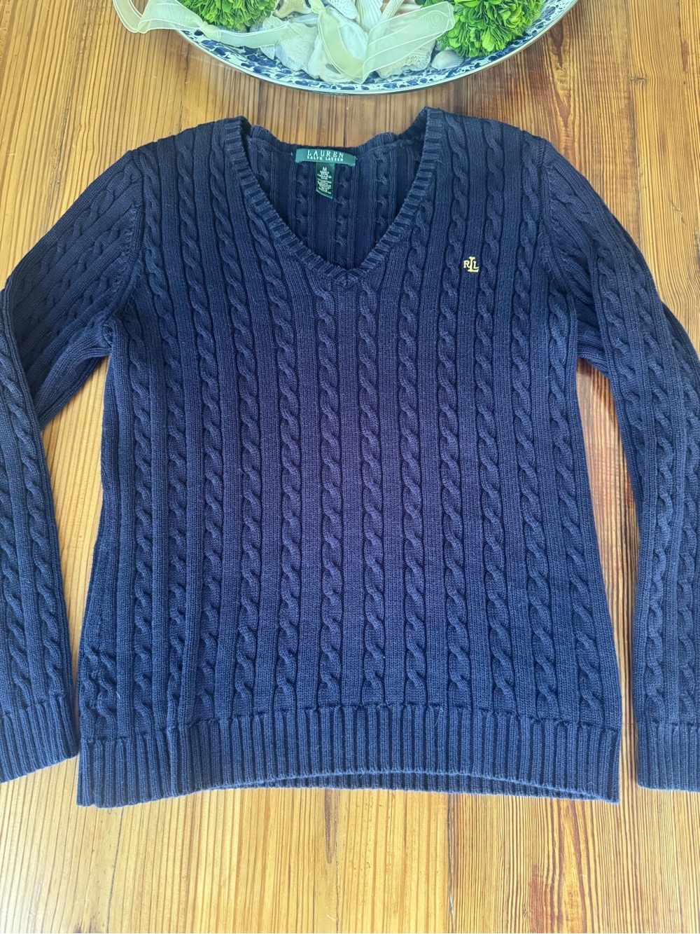 Ralph Lauren Navy Cable-Knit V-Neck Sweater with RL Crest